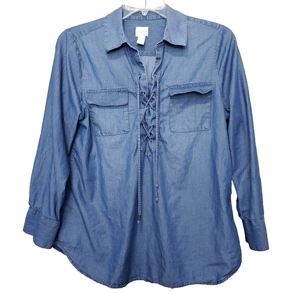 Chico's Chambray Denim Lace-Up Long Sleeve Popover Blouse Size 2 Large - Picture 1 of 8